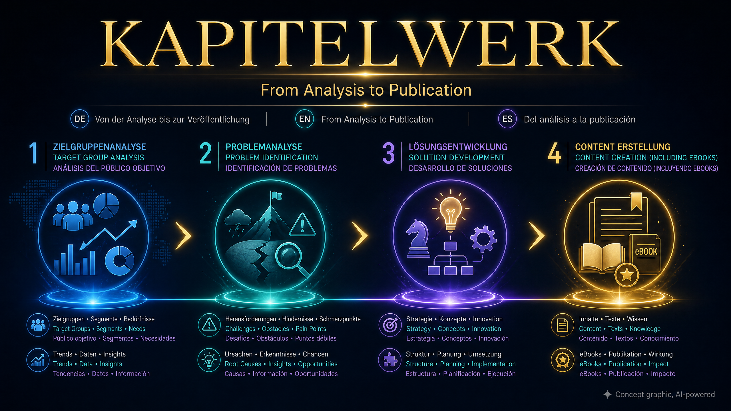 KapitelWerk Cover – dreisprachige Übersicht für Deutsch, Englisch und Spanisch